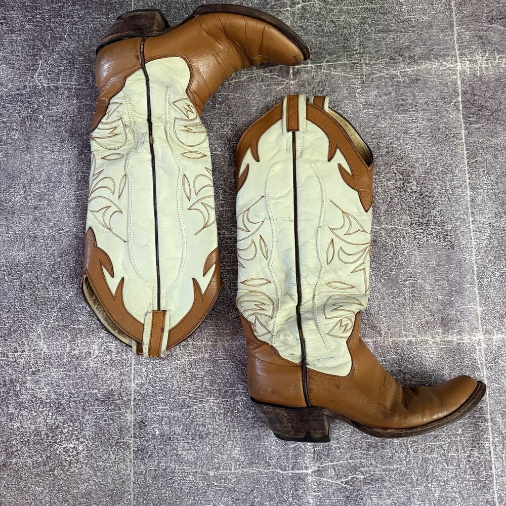Women's Vintage 70's The Sanders Brown White Embroidered Cowboys Boots Sz 10 D